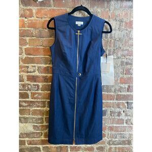CALVIN KLEIN • NWT • Blue Denim Sleeveless Gold Detail Front Zip Knee-Length Dre